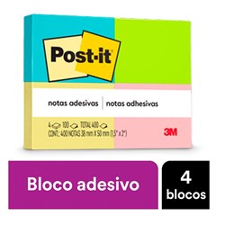 Bloco Adesivo 3M Post-IT c/4 blocos 38x50mm Color PT 400 FLS