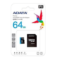 Cartão de Memória 64GB Micro SD Adata UHS-I - AUSDX64GUICL10A1-RA1 Class 10 c/ Adaptador BT 1 UN