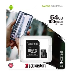 Cartão de Memória 64GB Micro SD Kingston Canvas SDCS2/64GB Clas 10 c/ Adaptador BT 1 UN