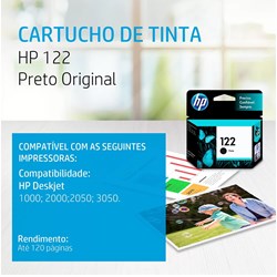 Cartucho de Tinta HP 122 Preto CH561HB Original 2ml CX 1 UN