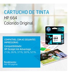 Cartucho de Tinta HP 664 Color F6V28AB Original 2ml CX 1 UN