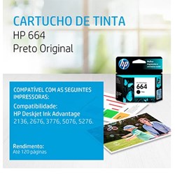 Cartucho de Tinta HP 664 Preto F6V29AB Original 2ml CX 1 UN