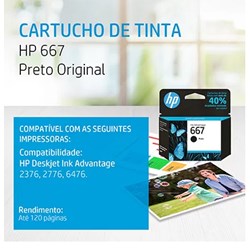 Cartucho de Tinta HP 667 Preto 3YM79A Original 2ml CX 1 UN