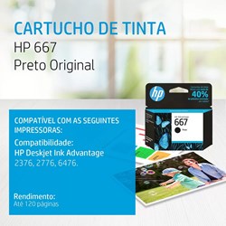 Cartucho de Tinta HP 667 Preto 3YM79AB Original 2ml CX 1 UN